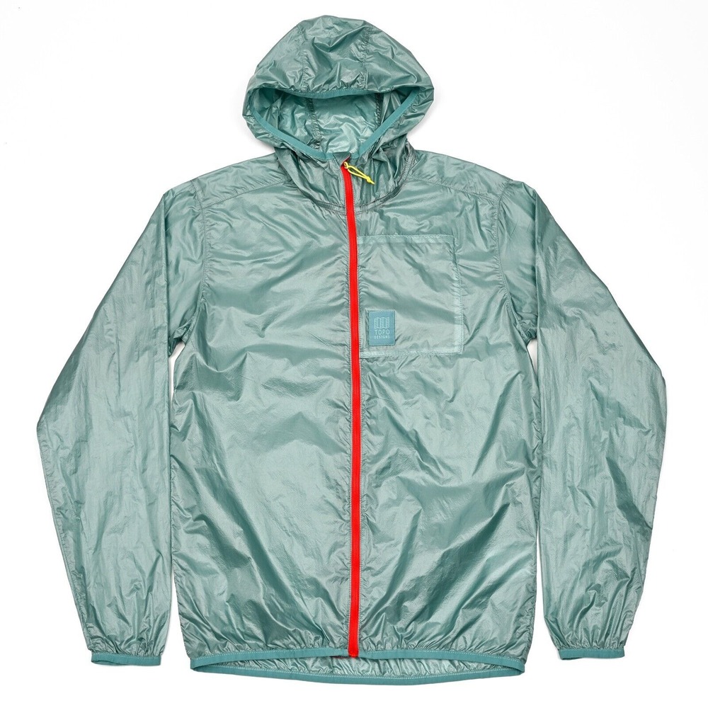Topo Designs Aqua Green Hooded Rain Jacket with Red Zipper